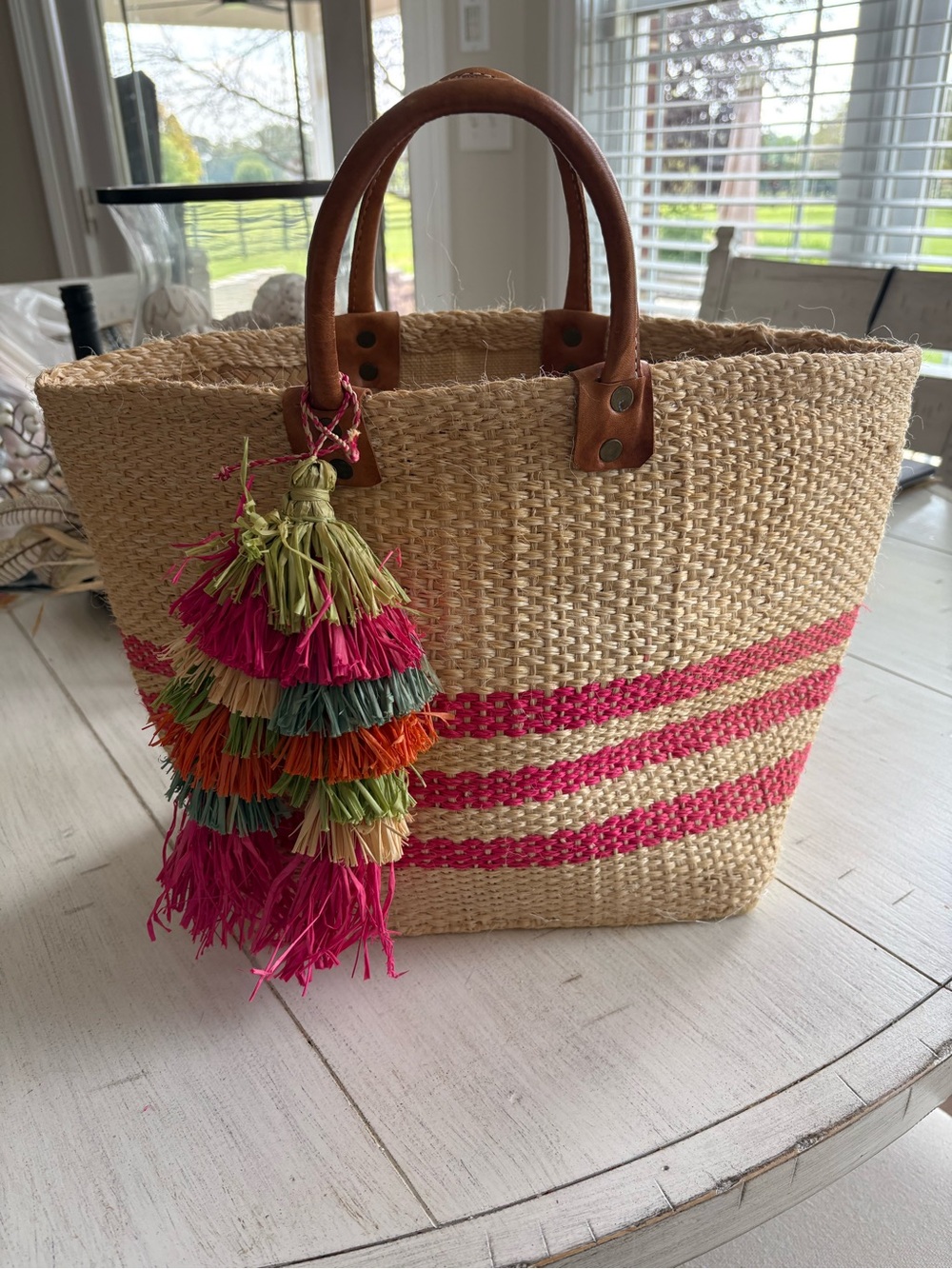Mar Y Sol Handwoven Straw Tote Bag with Pink Stripe and Tassel